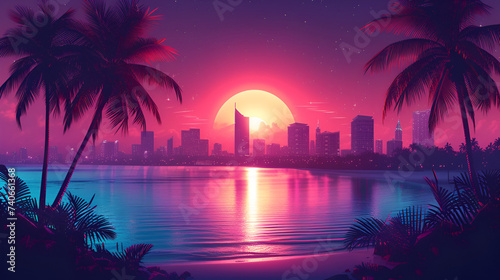 Synthwave style landscape with beach  palm trees  and neon lights  evoking a retro-futuristic ambiance  perfect for nostalgic vibes. Generative Ai  