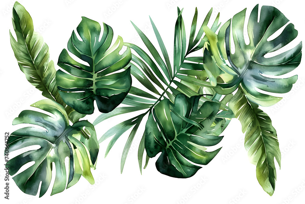 Watercolor  tropical leaves and jungle plants - obrazy, fototapety, plakaty 