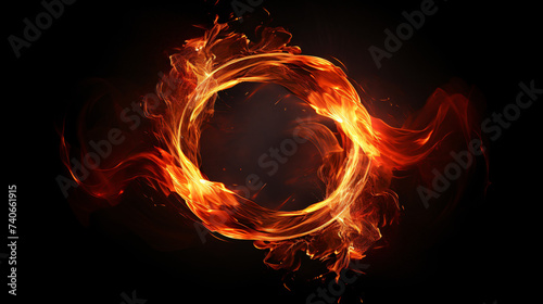 Abstract fire circle floating on a black background.