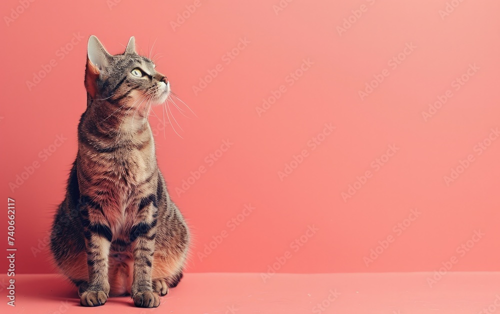 Obraz premium Cat Sitting on Pink Surface Looking Up