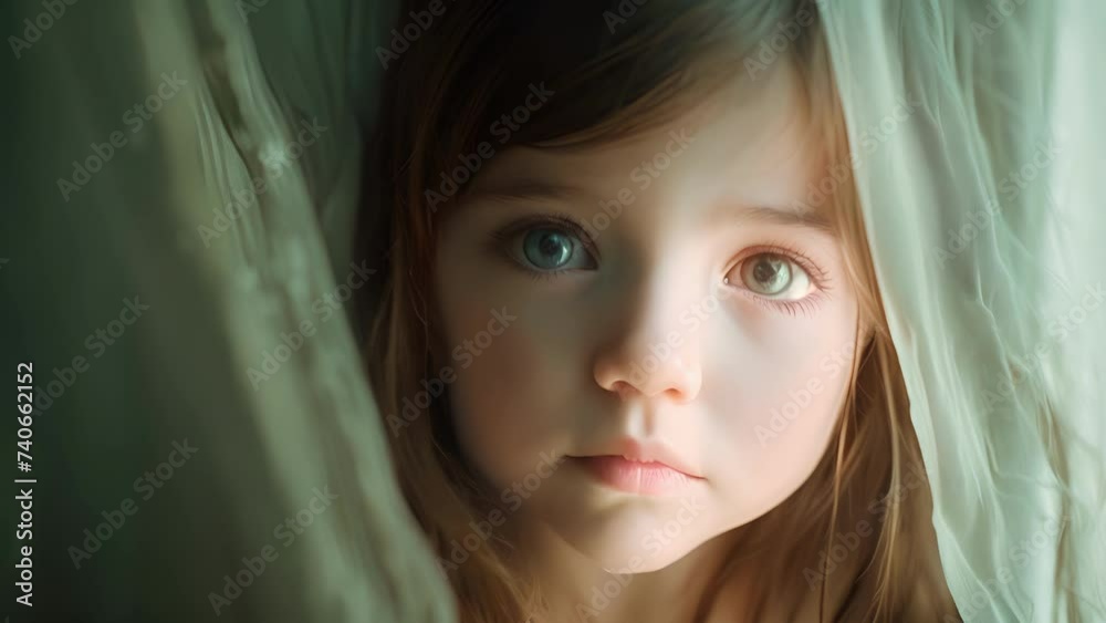 A little girl hiding behind a curtain of hair her eyes peeking out with a mix of fear and curiosity as she navigates the world and tries to make sense of her traumatic experiences, Little Girl Peeks A little girl hiding behind a curtain of hair her eyes peeking out with a mix of fear and curiosity as she navigates the world and tries to make sense of her traumatic experiences, Little Girl Peeks