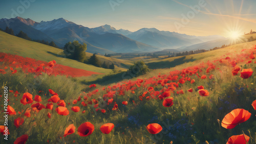 mountain landscape, blue sky, bright sun, field of poppies, illustration in vintage poster style