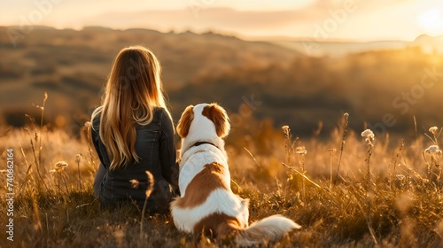 Rearview of a young woman with blonde hair sitting with her Brittany dog breed pet on the dry grass meadow at the golden hour sunset outdoors. Human's best friend, friendship, loyalty and trust