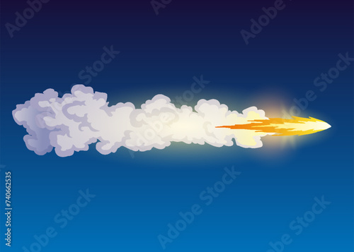 Rocket trail fire smoke, spaceship launch with clouds, spaceflight effects. Space rocket of galaxy shuttle or spacecraft engine. Cartoon vector illustration