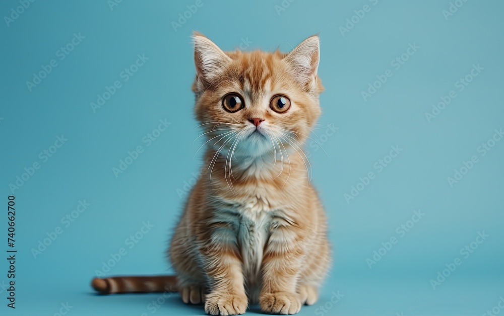 Obraz premium Small Kitten Sitting on Blue Background