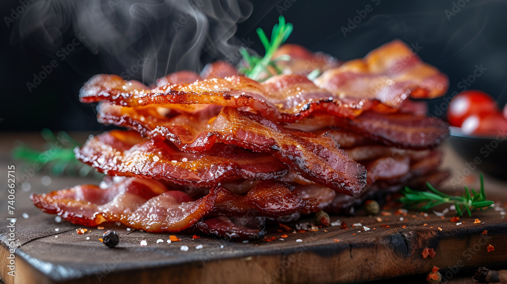 Tasty fried bacon on a kitchen board with a beautiful presentation, inviting you to savor every delicious bite, Generative Ai.

