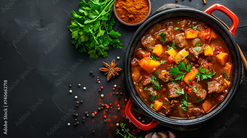 Tasty goulash in a pot on a beautiful dark background, simmering slowly to perfection. Enjoy the rich aroma and hearty flavors., Generative Ai

 - obrazy, fototapety, plakaty 