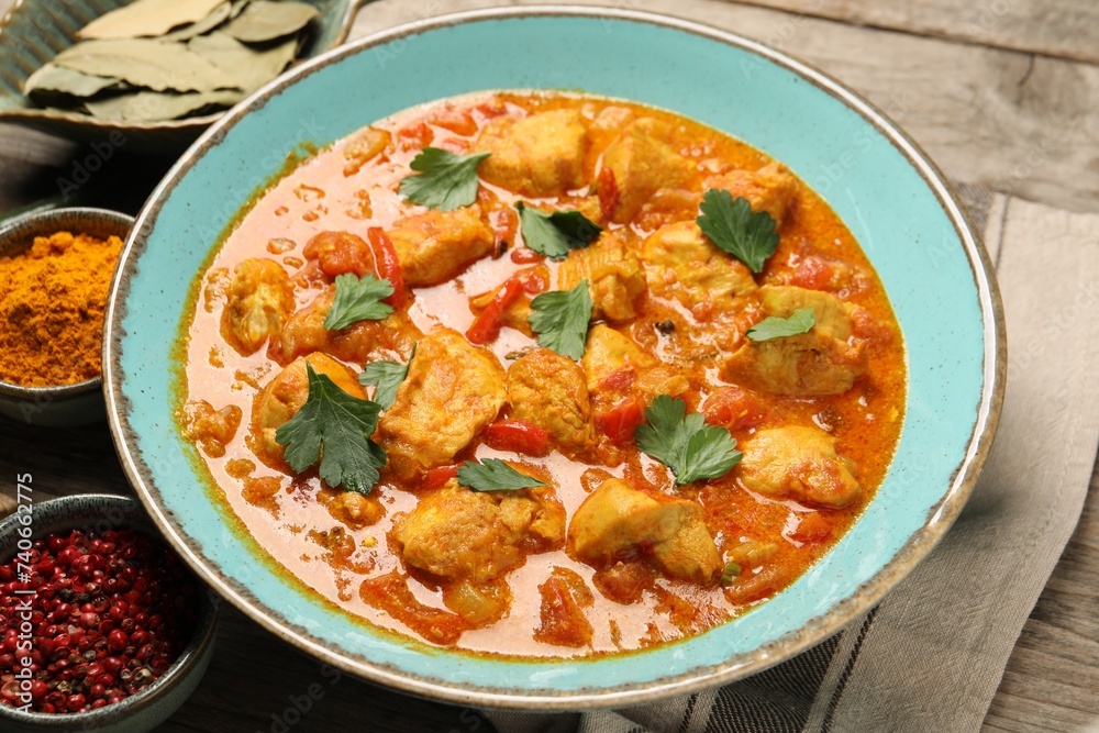 Delicious chicken curry and ingredients on wooden table Delicious chicken curry and ingredients on wooden table