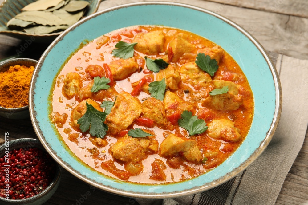 Delicious chicken curry and ingredients on wooden table