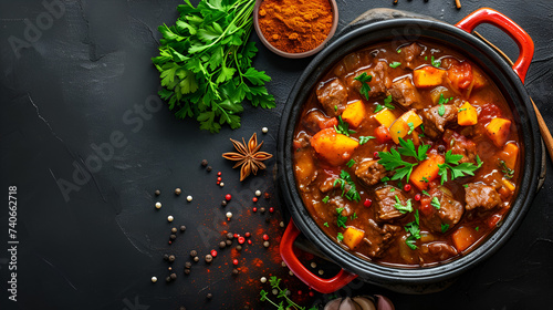 Tasty goulash in a pot on a beautiful dark background, simmering slowly to perfection. Enjoy the rich aroma and hearty flavors., Generative Ai