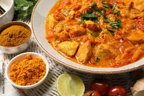 Delicious chicken curry and ingredients on table, closeup