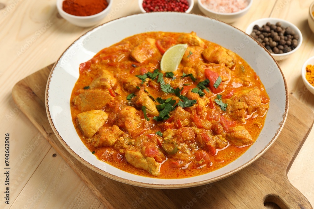 Delicious chicken curry and spices on wooden table