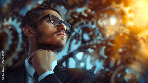 A handsome young businessman in elegant suit, wearing eyeglasses, and looking at the gears or sprockets with a curious and thoughtful face expression. Company strategy idea, cog wheels innovation photo
