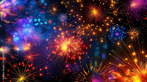 Colorful fireworks on black background, in the style of multidimensional layers, vivid color schemes, transparency and opacity, pattern designs, light and color effects, holiday celebration.