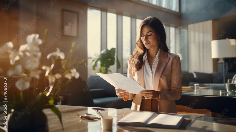 Professional woman reading document, sunlight office interior Professional woman reading document, sunlight office interior