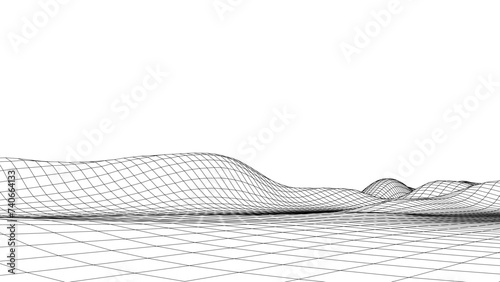 Abstract wireframe terrain. Vector landscape of mountains. Futuristic polygonal background. Technology perspective grid with 3d landscape. Retro design.
