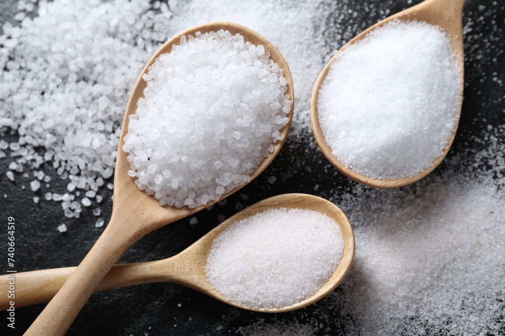 Organic salt in spoons on black table, flat lay Organic salt in spoons on black table, flat lay
