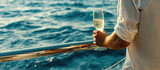 Champagne Toast on the Open Seas with Gentle Waves and a Serene Horizon Reflecting the Warm Glow of Dusk. Banner with copy space. 