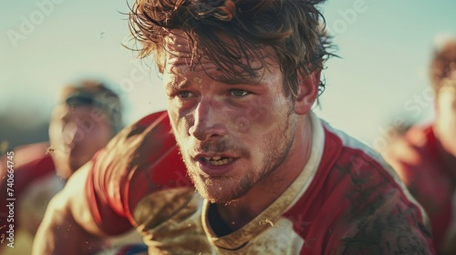 Close Up Portrait of Rugby Player in Red and White Shirt