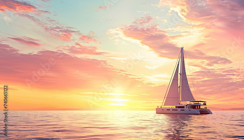 A sailboat drifts on glassy waters under a stunning sunset, with a sky painted in hues of pink, orange, and blue, reflecting the tranquil beauty of a serene evening. Copy space