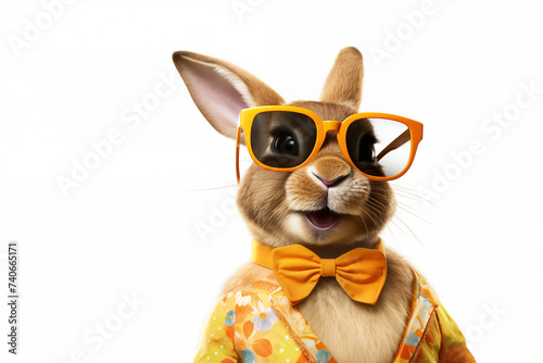 Cute  funny easter bunny  easter rabbit  wearing sunglasses and bow tie. Photorealistic rendering  isolated  white background. Outstanding  funny template for easter greetings  postcards  invitations