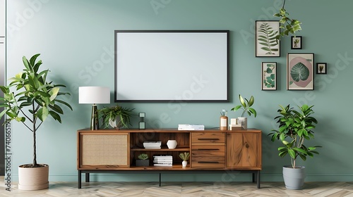 A mockup poster blank frame hanging on a refreshing mint green wall, above a stylish modular shelving system, Minimalist-style living area