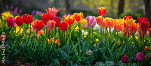 A variety of vibrant tulips bloom in a colorful meadow  creating a beautiful natural landscape full of flower petals and green grass