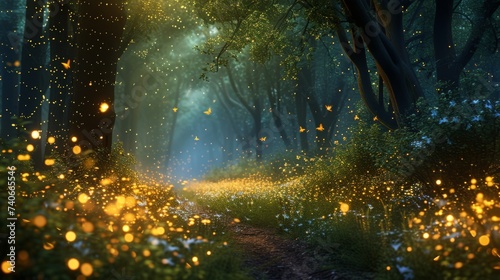 Whimsical Forest with Twinkling Fireflies at Night for Magical Scenes © furyon