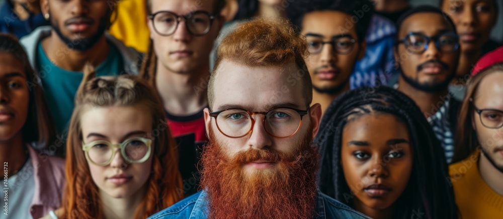 Confident man with beard and glasses standing in front of diverse group of people in a meeting