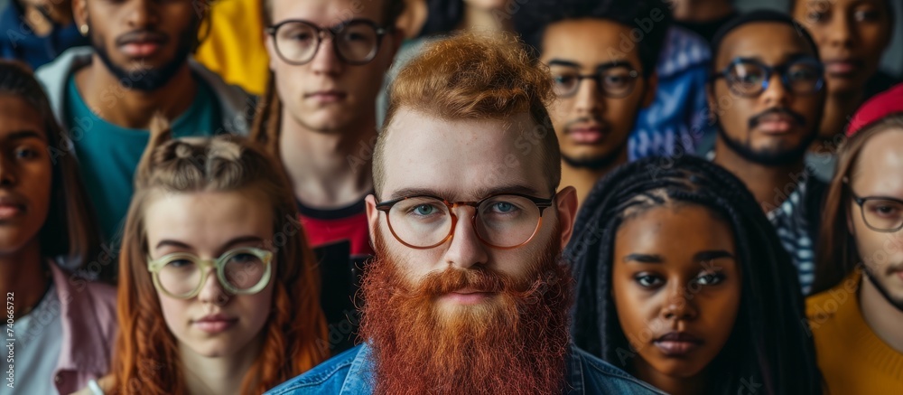 Confident man with beard and glasses standing in front of diverse group of people in a meeting Confident man with beard and glasses standing in front of diverse group of people in a meeting