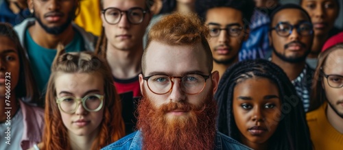 Confident man with beard and glasses standing in front of diverse group of people in a meeting © AkuAku