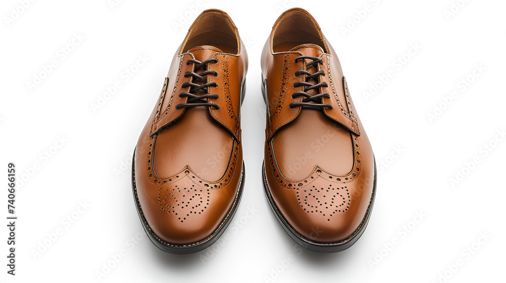 Top view of brown leather men's shoes isolated on white background, Generative Ai.

