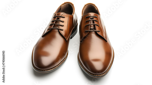 Top view of brown leather men's shoes isolated on white background, Generative Ai.