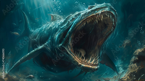Sea monster opens its jaws, revealing menacing teeth in a fantastical underwater world, evoking awe and fear, Generative Ai.   © Muskan
