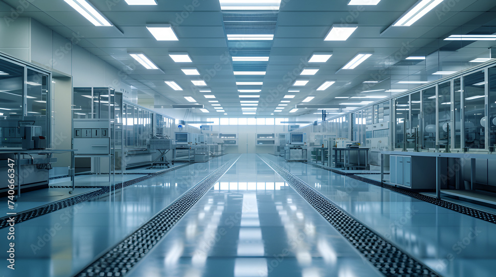 Semiconductor mass production factory interior view, showcasing advanced technology and precision engineering, Generative Ai.


