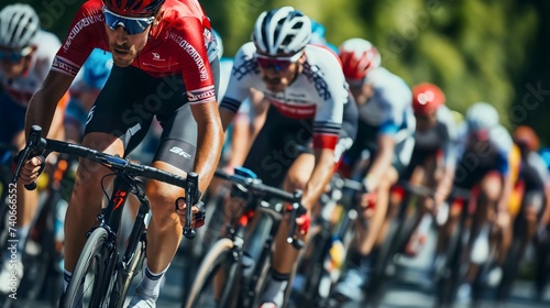 Professional male cyclist wearing sunglasses, safety helmet and a sport uniform, riding a bike, athlete in motion on a sunny summer day, other competitors blurred in the background, race event