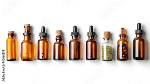 Set collection row of various brown medicine pill glass, Generative Ai