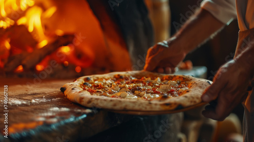 Pizzaiolo chef takes out delicious pizza from the wood-burning oven. Restaurant concept. Generative AI