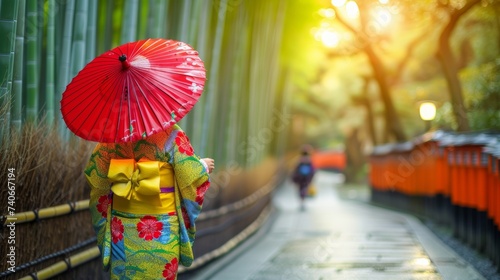 Japanese woman in vibrant kimono as geisha in lush bamboo forest with blurred background