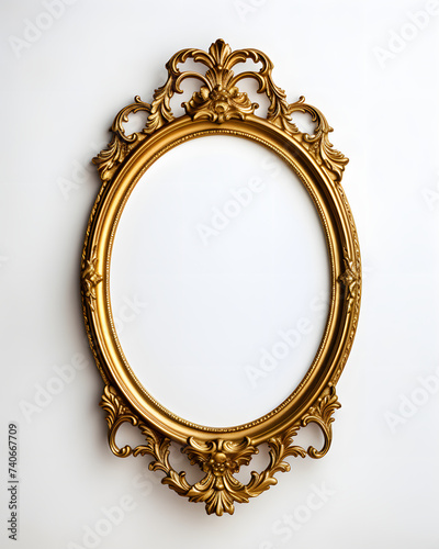 Oval golden frame for paintings, mirrors or photo isolated on white background. Vintage decoration