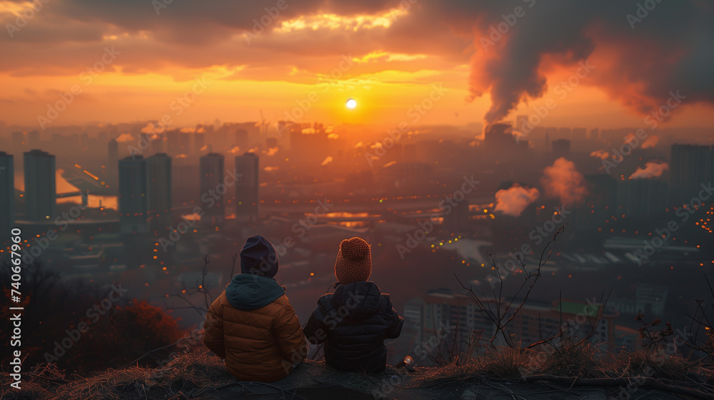 Fototapeta premium banner for a kid sitting looking to environment pollution Generative AI