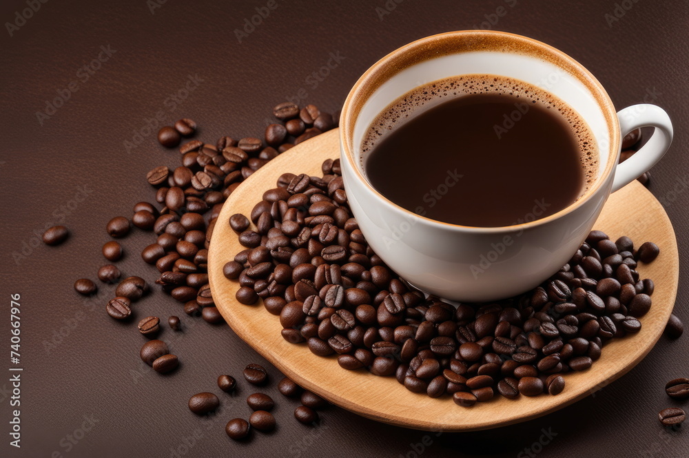 Steaming Coffee Cup with Roasted Beans on Wooden Plate Steaming Coffee Cup with Roasted Beans on Wooden Plate