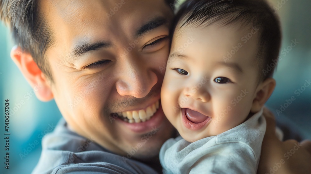 Asian father and his cute little baby son, man standing indoors with his male child or kid, both of them are smiling and looking at the camera. Home relaxation, happy family, fatherhood concept