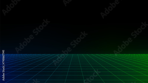 Vector abstract technology perspective grid. Detailed wireframe landscape with lines on black background. Digital space with mesh.