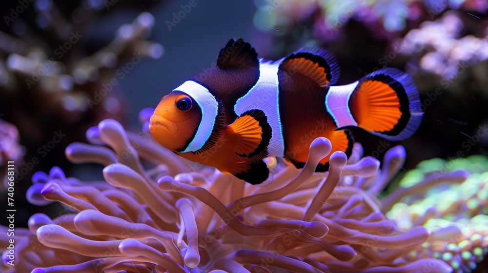 Vibrant clownfish swimming among colorful corals in a saltwater aquarium environment