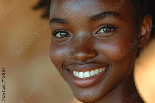 Close-up of a bright smiling African young woman child showing off healthy white teeth