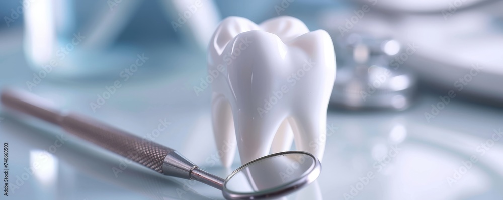 Large tooth and dental mirror on a table. A banner for dentistry. - obrazy, fototapety, plakaty 