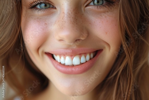 Close-up of a bright smiling European young woman showing off healthy white teeth