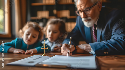 Un grand-père en train de signer un document est ses deux petits-enfants pour une donation chez le notaire.