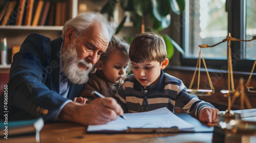 Un grand-père en train de signer un document est ses deux petits-enfants pour une succession chez le notaire.